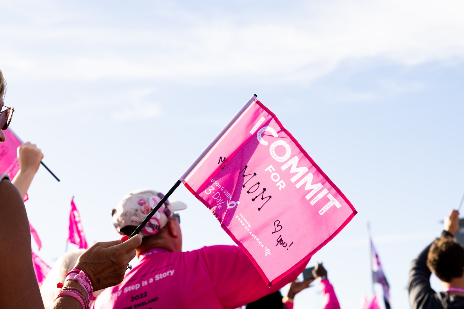 a group of people holding pink flags and signs